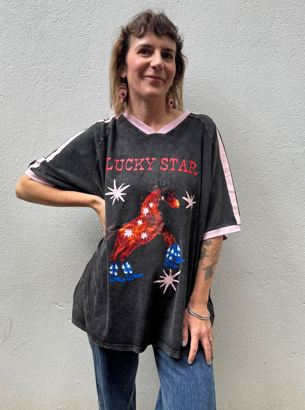 Lucky Star Ringer V-Neck Tee – Washed Black with Pink Trim – By Frankie