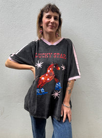 Lucky Star Ringer V-Neck Tee – Washed Black with Pink Trim – By Frankie