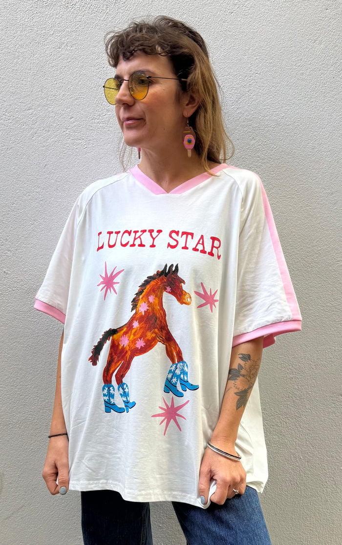 Lucky Star Ringer V-Neck Tee – White with Pink Trim – By Frankie