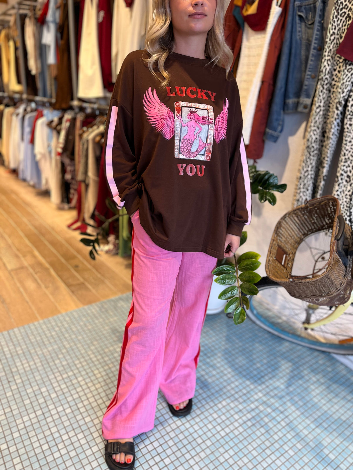 Racer Linen Pant - Pink w/ red Stripe / By Frankie