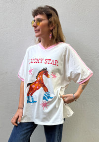 Lucky Star Ringer V-Neck Tee – White with Pink Trim – By Frankie