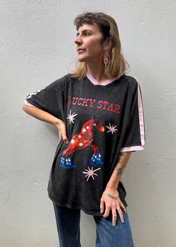 Lucky Star Ringer V-Neck Tee – Washed Black with Pink Trim – By Frankie