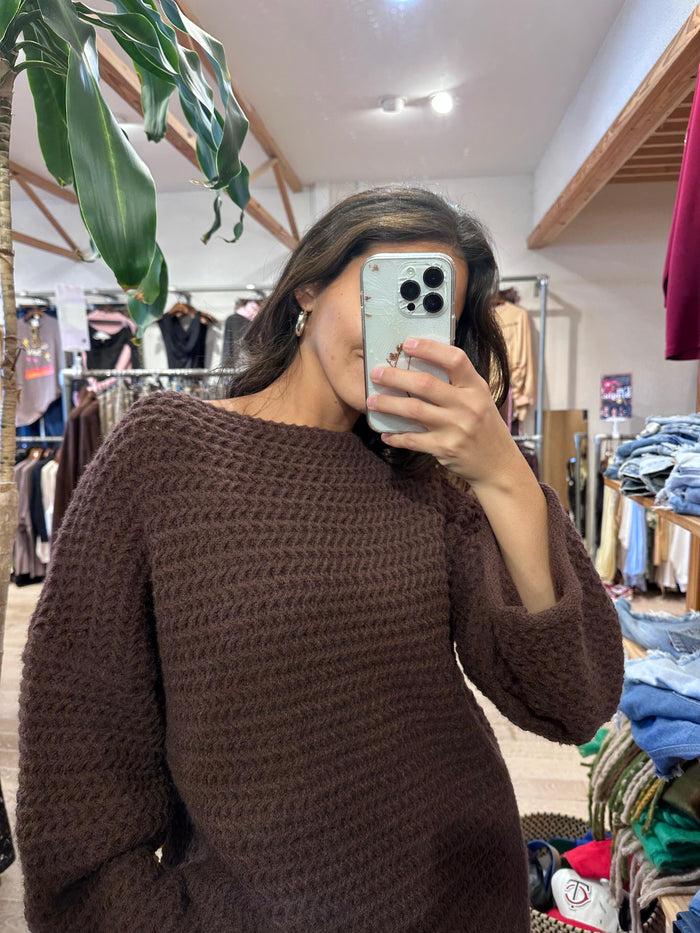 Chunky Boho Knit Top - Chocolate Brown