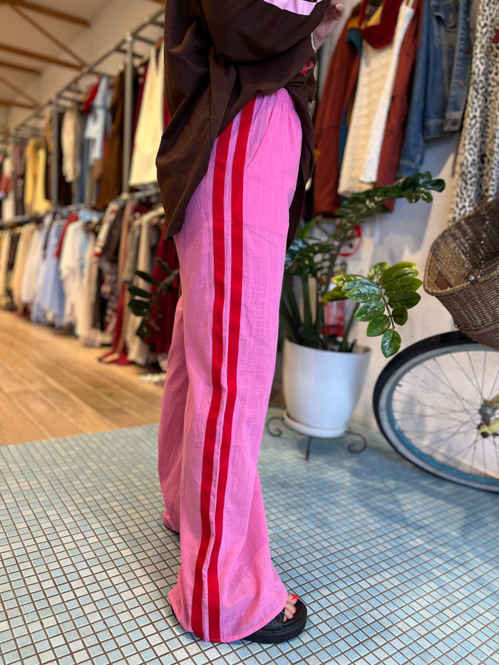 Racer Linen Pant - Pink w/ red Stripe / By Frankie