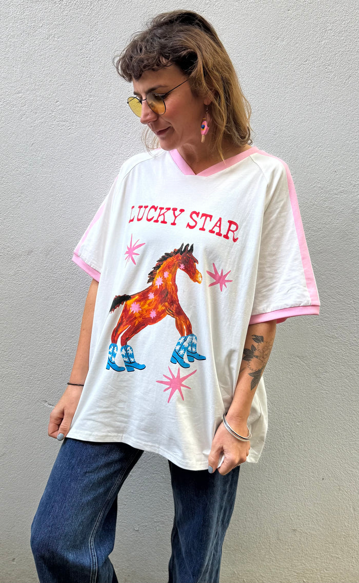 Lucky Star Ringer V-Neck Tee – White with Pink Trim – By Frankie