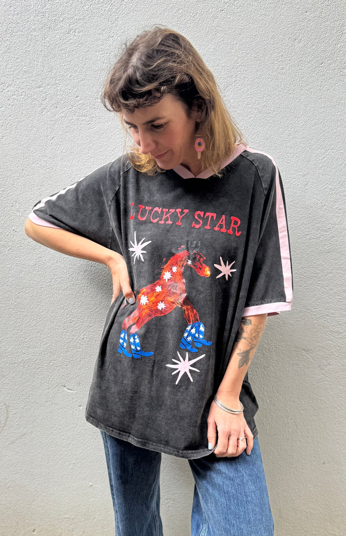 Lucky Star Ringer V-Neck Tee – Washed Black with Pink Trim – By Frankie