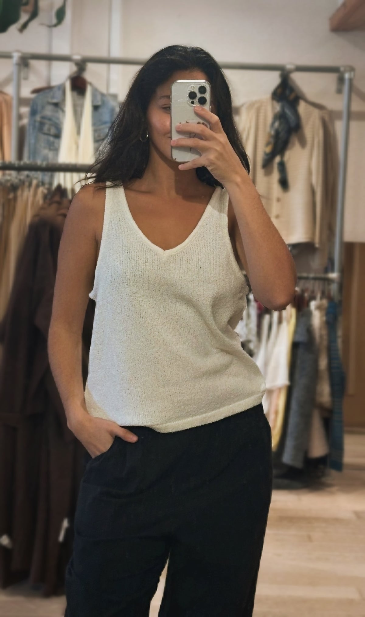 Relaxed V-Neck Knit Tank - Sleeveless Summer Knit - Vintage White