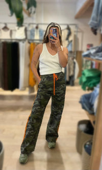 By Frankie Camo Racer Pants with Orange Side Stripes – 100% Cotton