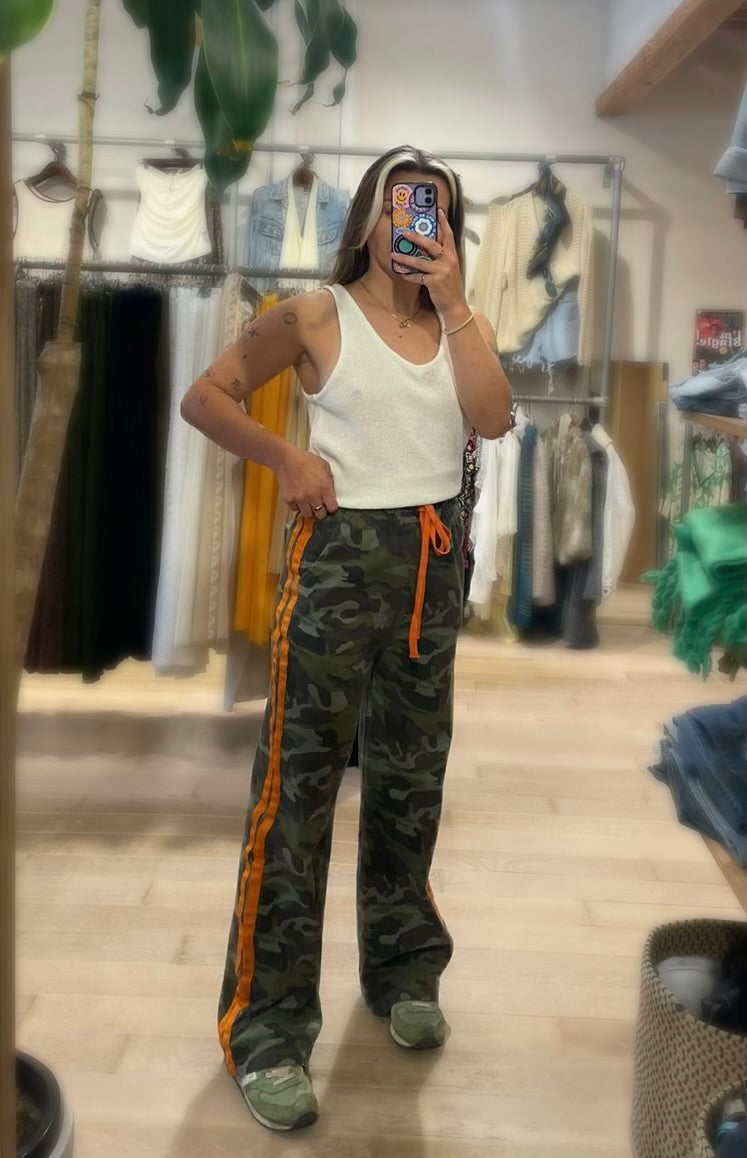 By Frankie Camo Racer Pants with Orange Side Stripes – 100% Cotton