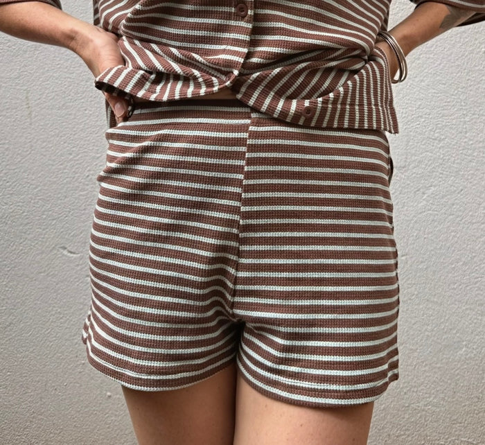 Stripe Rib Mini Shorts – Chocolate & Turquoise – By Frankie