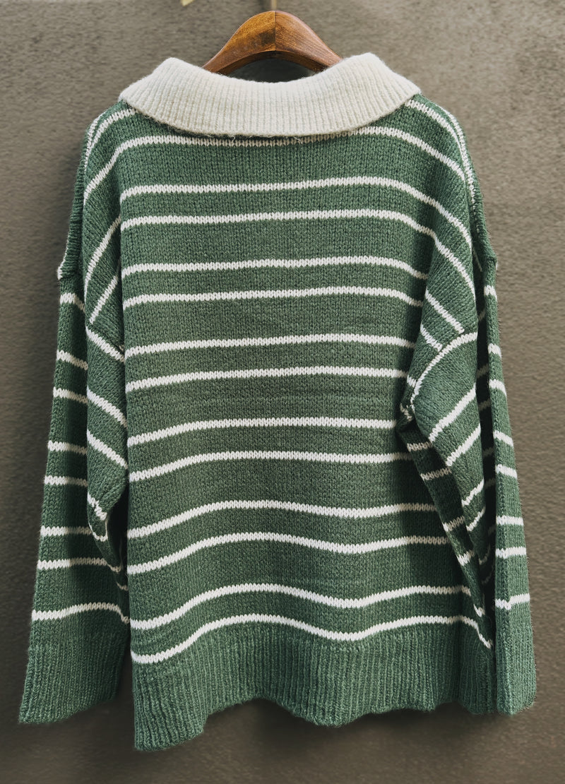 Retro Stripe Knit Polo / Vintage Green