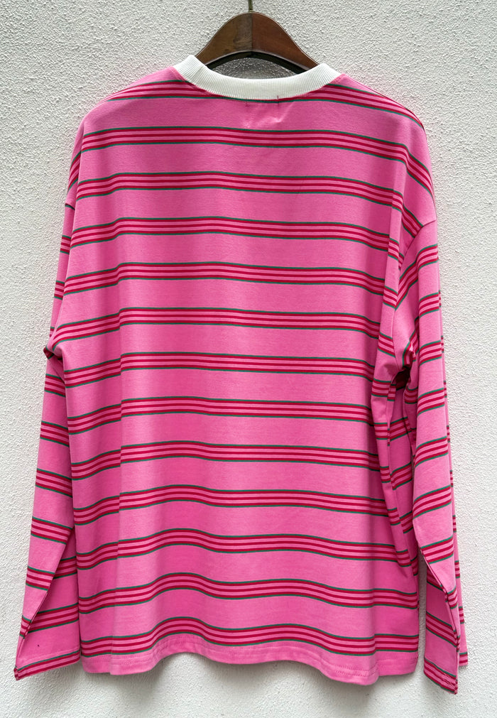 Pink with Red & Green Retro Striped Long Sleeve Top – By Frankie