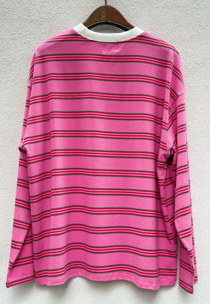Pink with Red & Green Retro Striped Long Sleeve Top – By Frankie