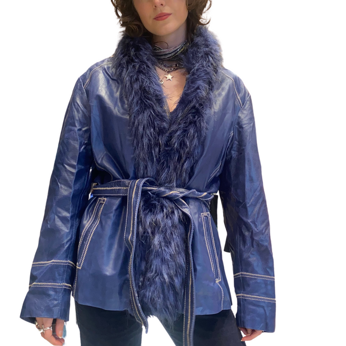 Blue Leather Vintage Faux Fur Penny Lane Jacket