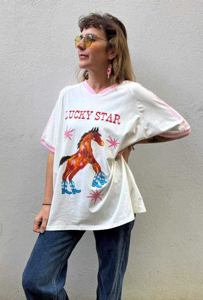 Lucky Star Ringer V-Neck Tee – White with Pink Trim – By Frankie