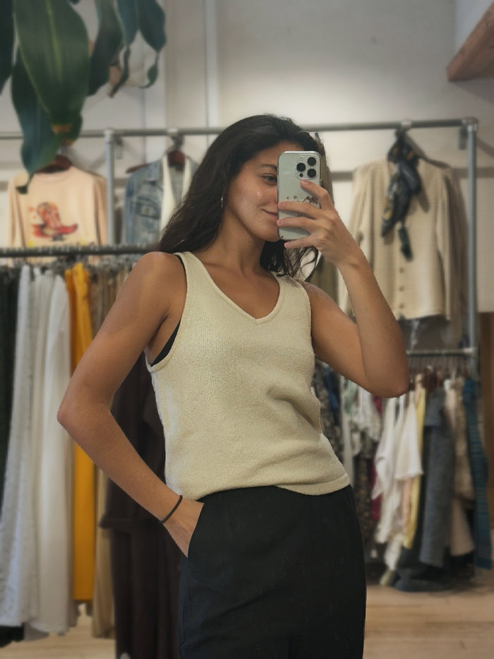 Relaxed V-Neck Knit Tank - Sleeveless Summer Knit - Sand