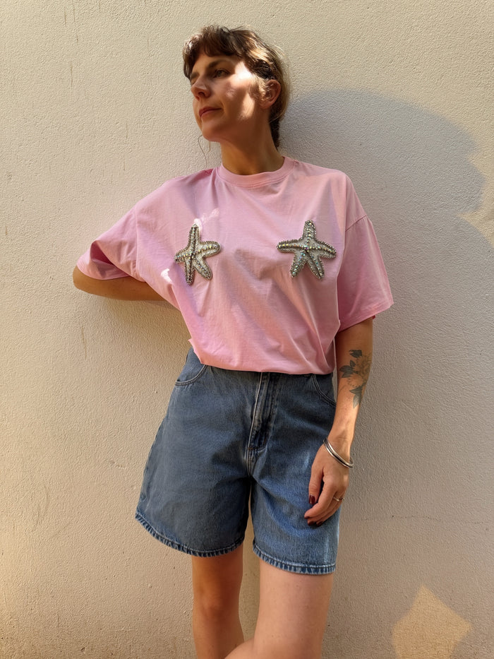 Diamanté Starfish Graphic Tee - Pink - By Frankie