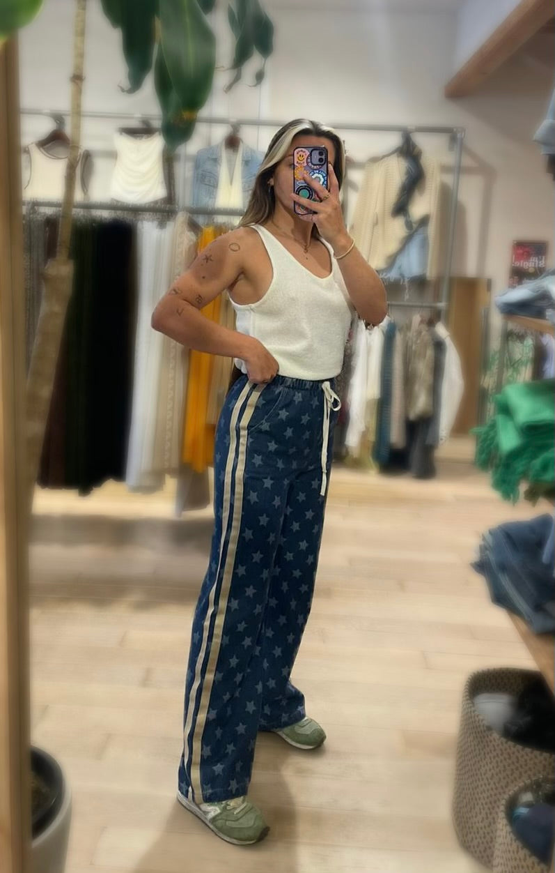 By Frankie All-Over Star Print Denim Jeans with Racer Sides – 100% Cotton