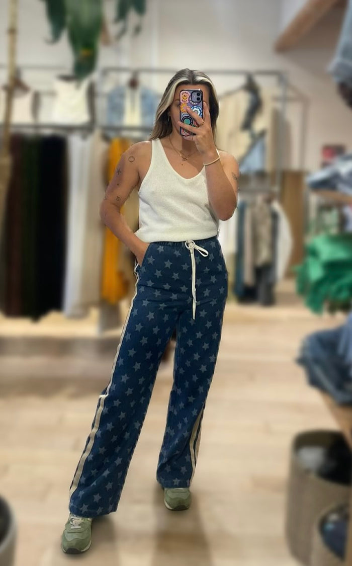 By Frankie All-Over Star Print Denim Jeans with Racer Sides – 100% Cotton