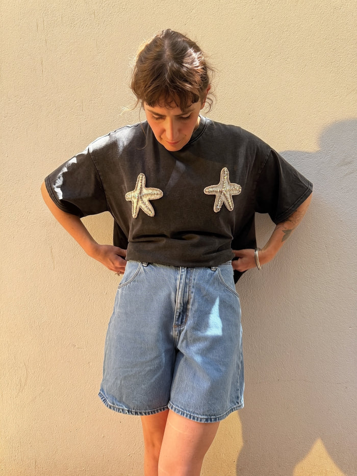 Diamanté Starfish Graphic Tee – Washed Black - By Frankie