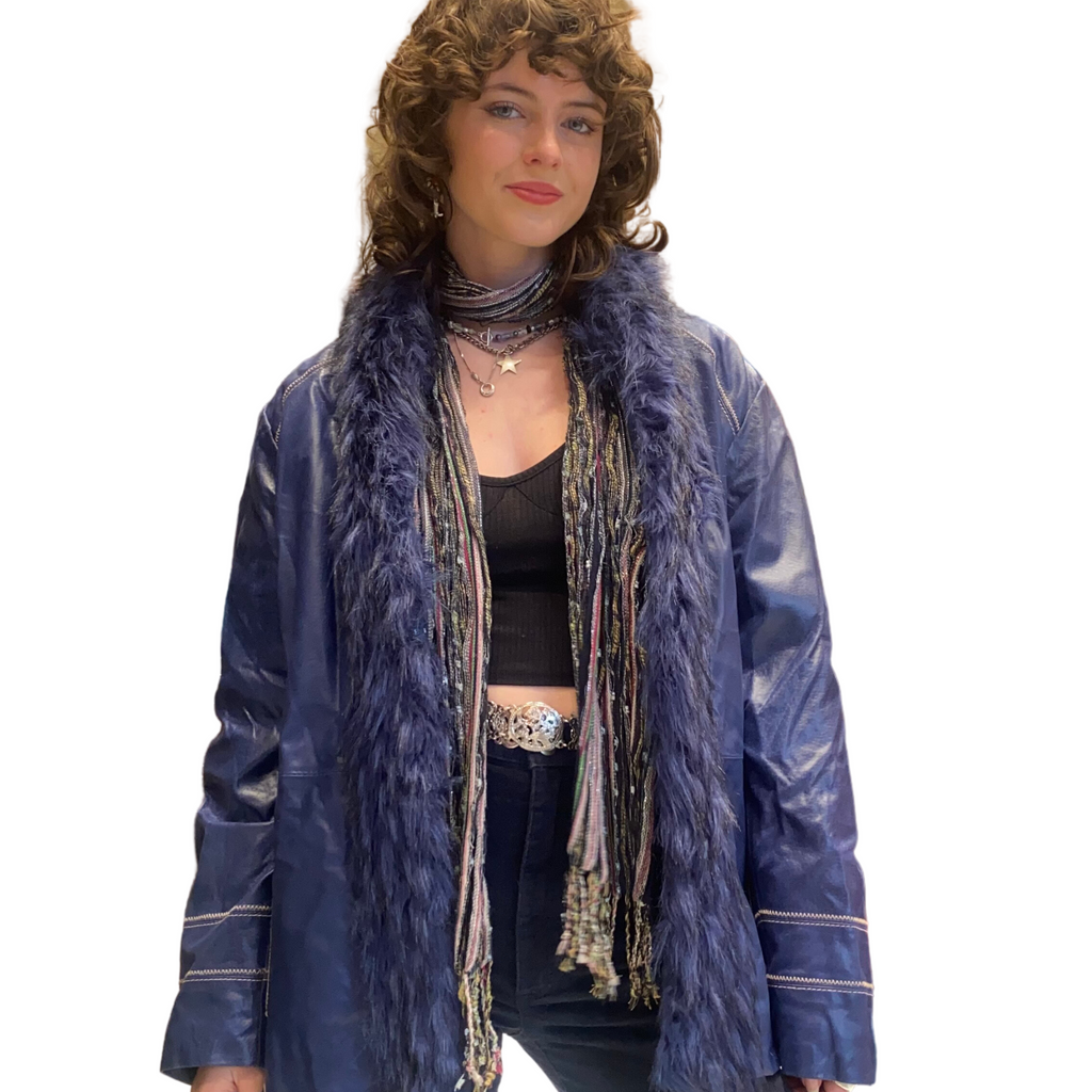 Blue Leather Vintage Faux Fur Penny Lane Jacket