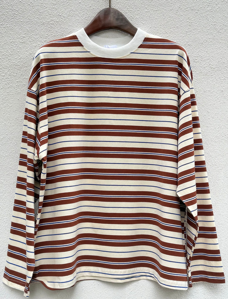Cream with Cobalt & Choc Retro Striped Long Sleeve Top – By Frankie