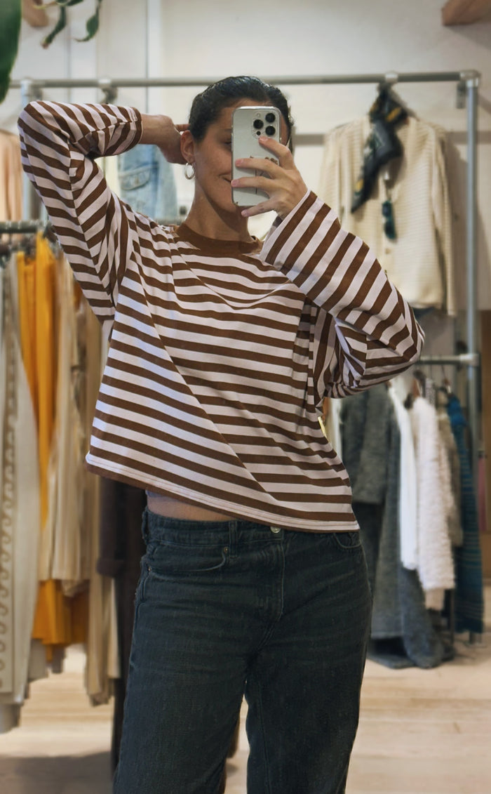 Oversized Striped Long Sleeve Tee - Dusty Pink & Chocolate Brown