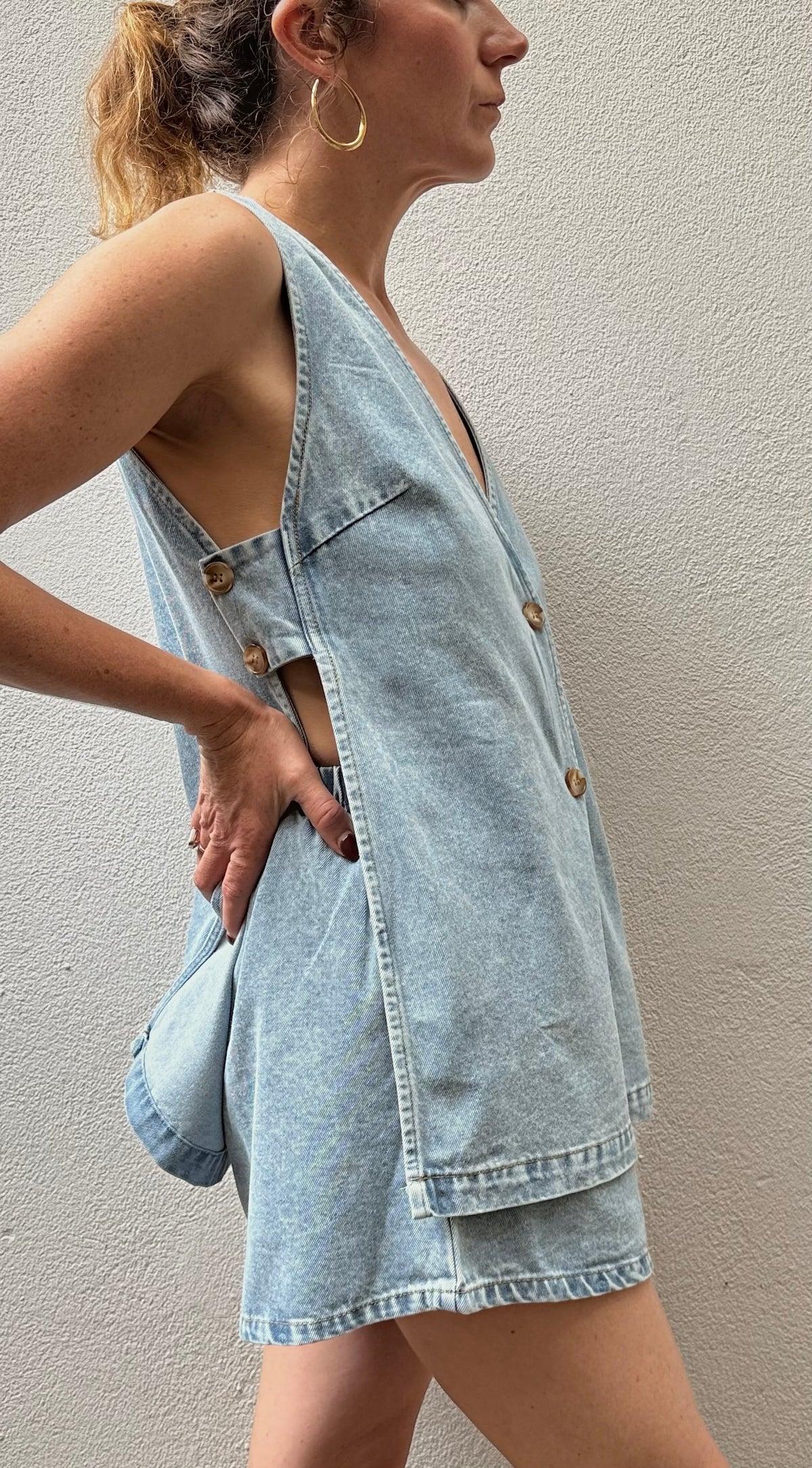 Open Side Button-Up Vest Top- Light Wash - By Frankie