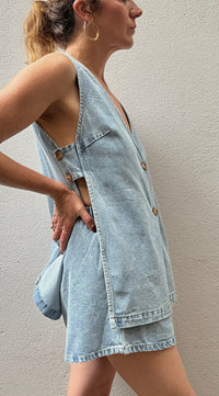 Open Side Button-Up Vest Top- Light Wash - By Frankie