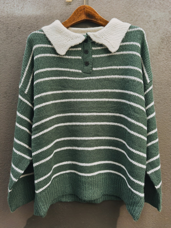 Retro Stripe Knit Polo / Vintage Green