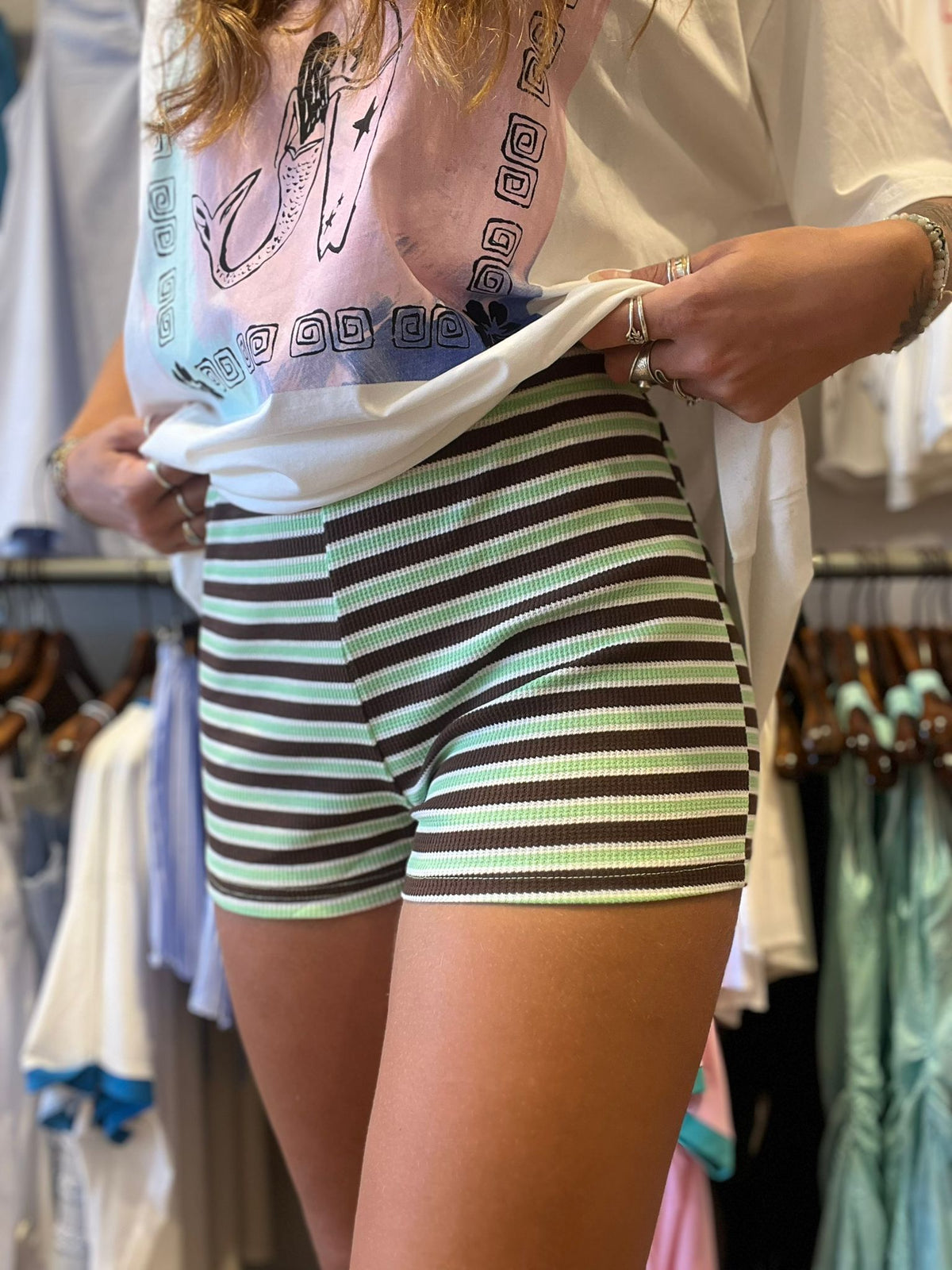 Stripe Mini Shorts – Lime Green, Chocolate & Cream – By Frankie