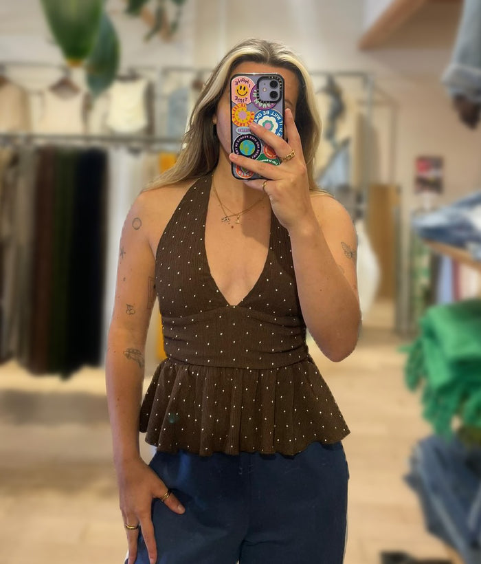 Polka Peplum Halter Top - Cotton Blend, Crinkle Finish - Chocolate Brown
