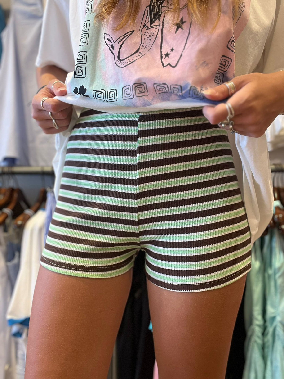 Stripe Mini Shorts – Lime Green, Chocolate & Cream – By Frankie
