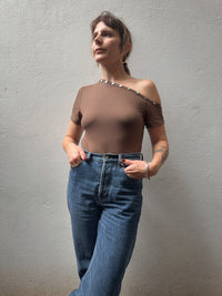 Off-Shoulder Button Top - Chocolate