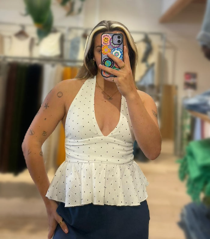 Polka Peplum Halter Top – Cotton Blend, Crinkle Finish - White
