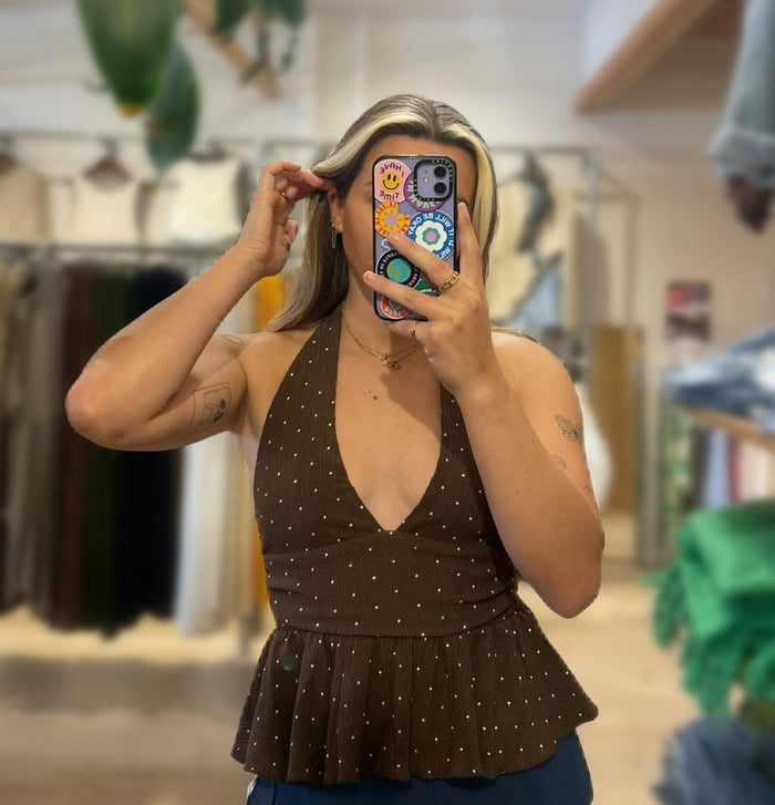 Polka Peplum Halter Top - Cotton Blend, Crinkle Finish - Chocolate Brown