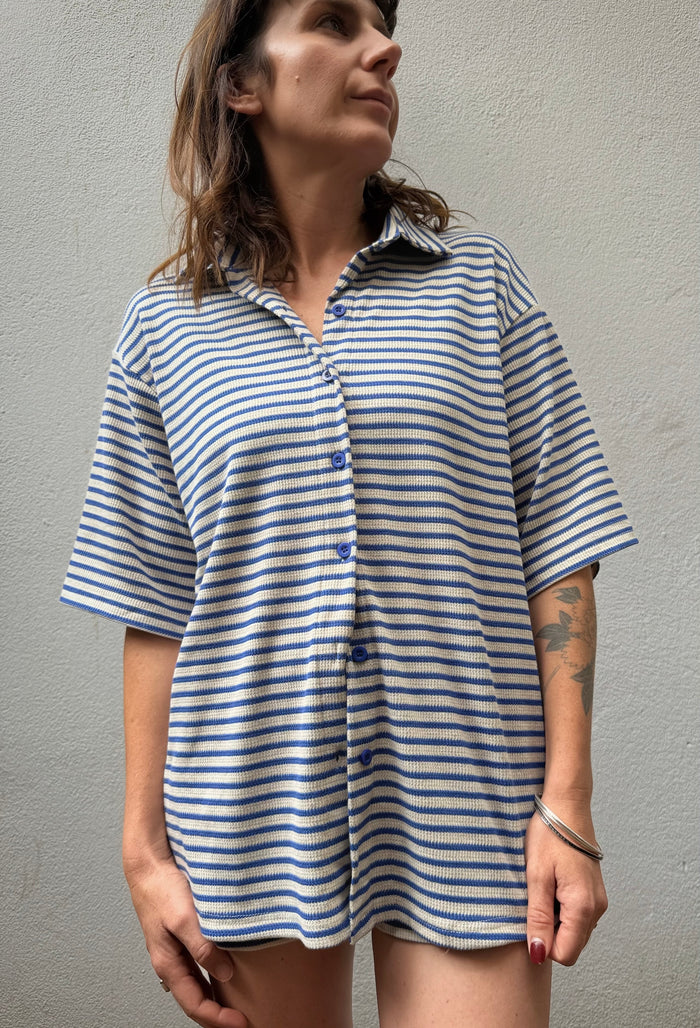 Stripe Rib Shirt – Blue & Grey Marle – By Frankie