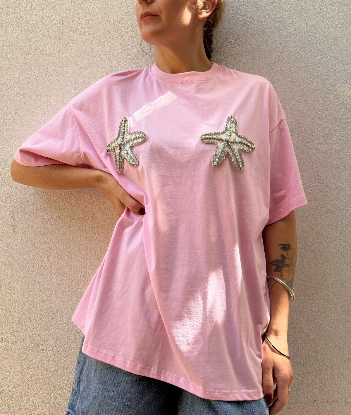 Diamanté Starfish Graphic Tee - Pink - By Frankie
