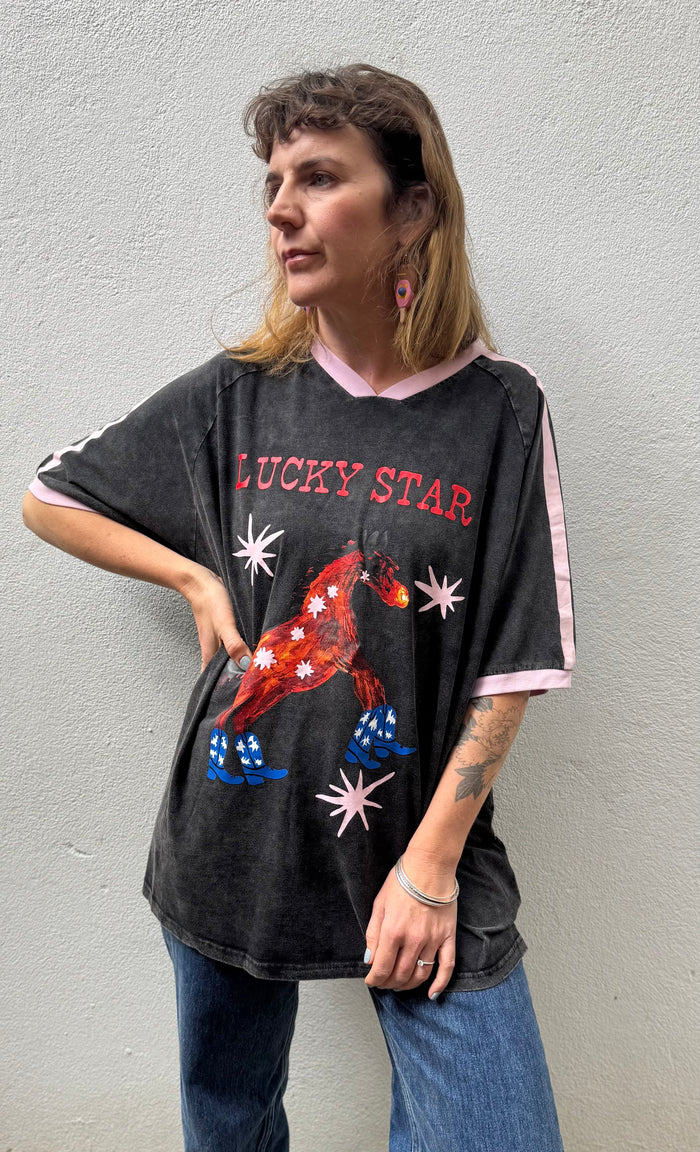 Lucky Star Ringer V-Neck Tee – Washed Black with Pink Trim – By Frankie