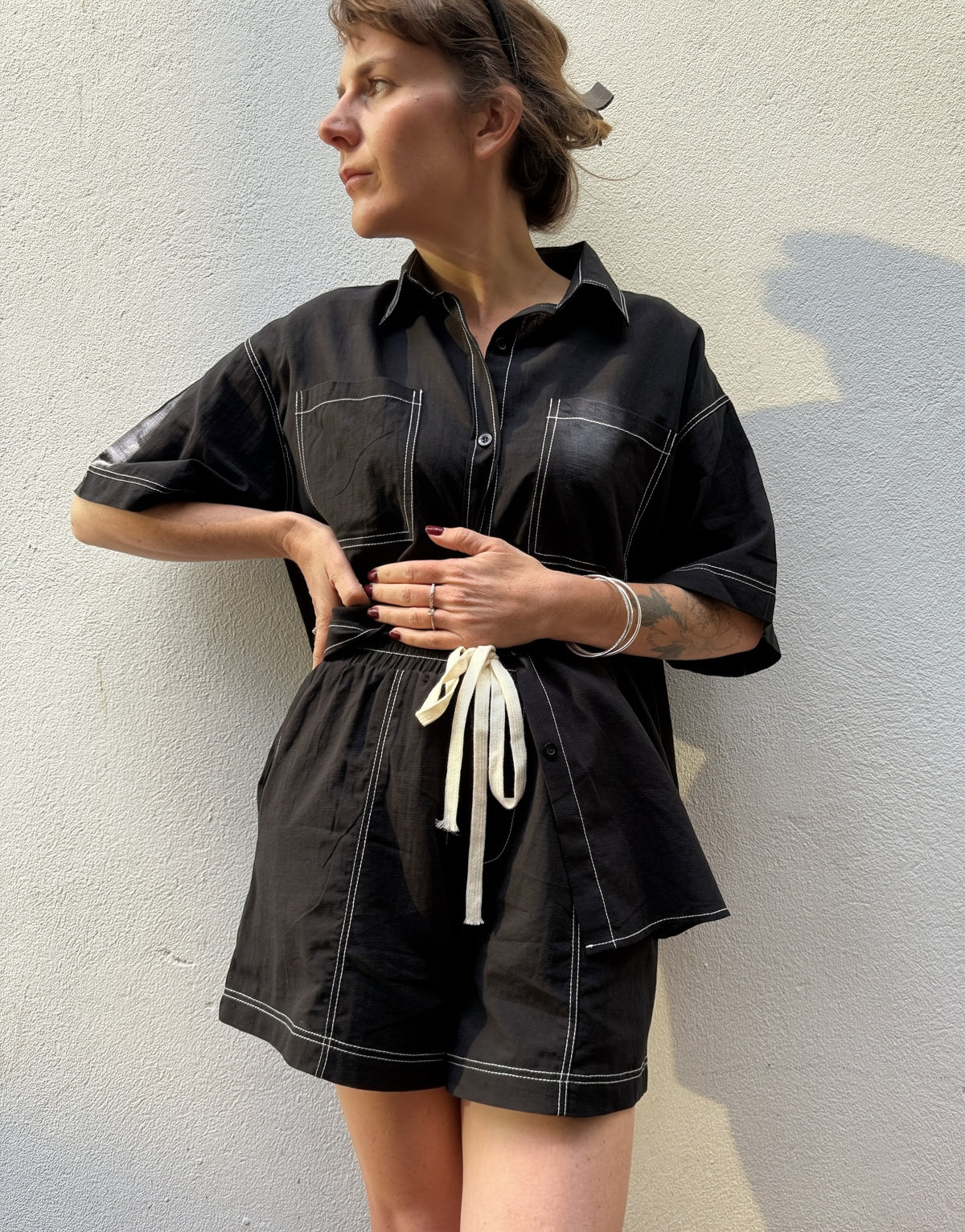 Contrast Stitch Cotton Shorts – Black / White – By Frankie