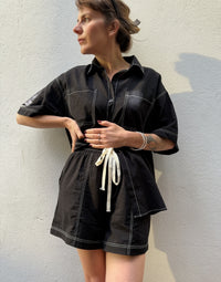 Contrast Stitch Cotton Shorts – Black / White – By Frankie