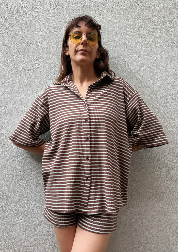 Stripe Rib Shirt – Chocolate & Turquoise – By Frankie