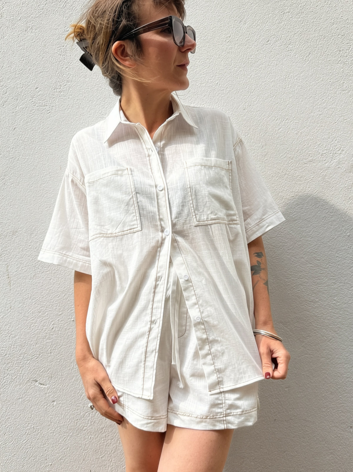 Contrast Stitch Cotton Shirt – White/Tan – By Frankie