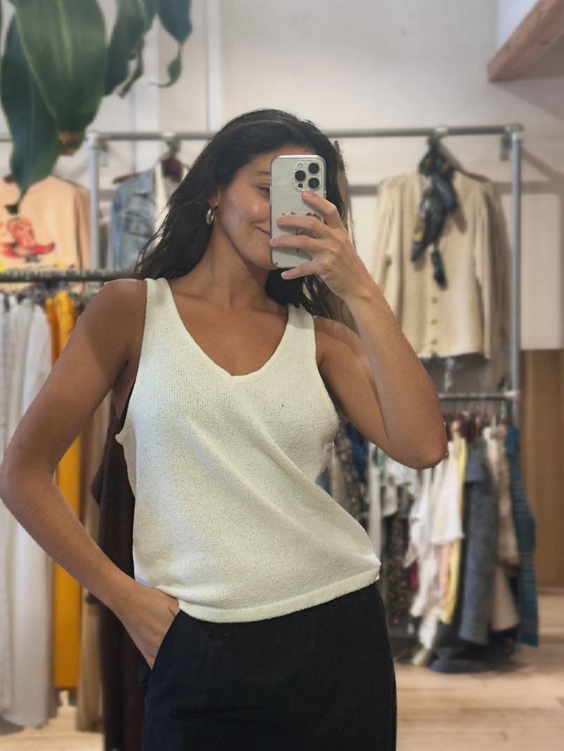 Relaxed V-Neck Knit Tank - Sleeveless Summer Knit - Vintage White