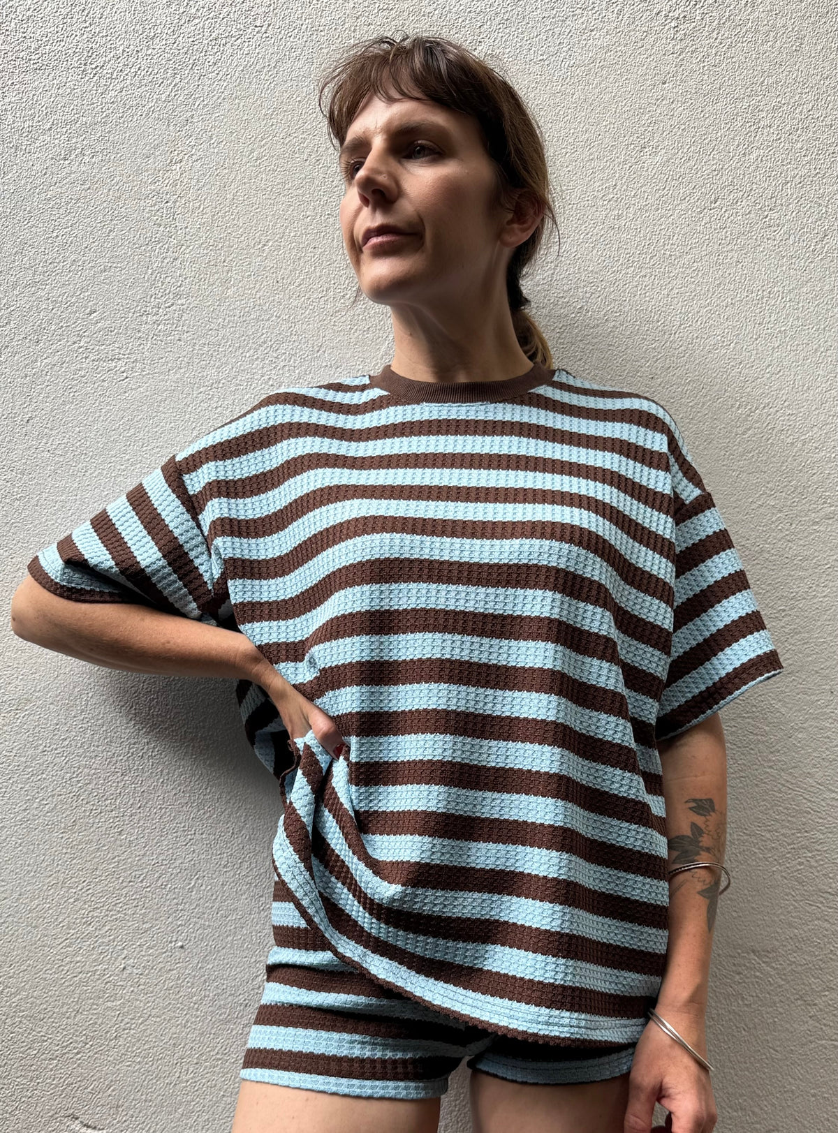 Chocolate & Blue Waffle Stripe Cotton Top – By Frankie