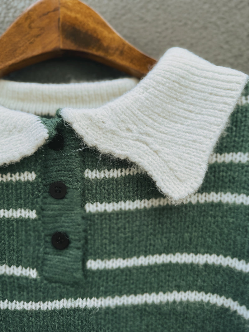 Retro Stripe Knit Polo / Vintage Green