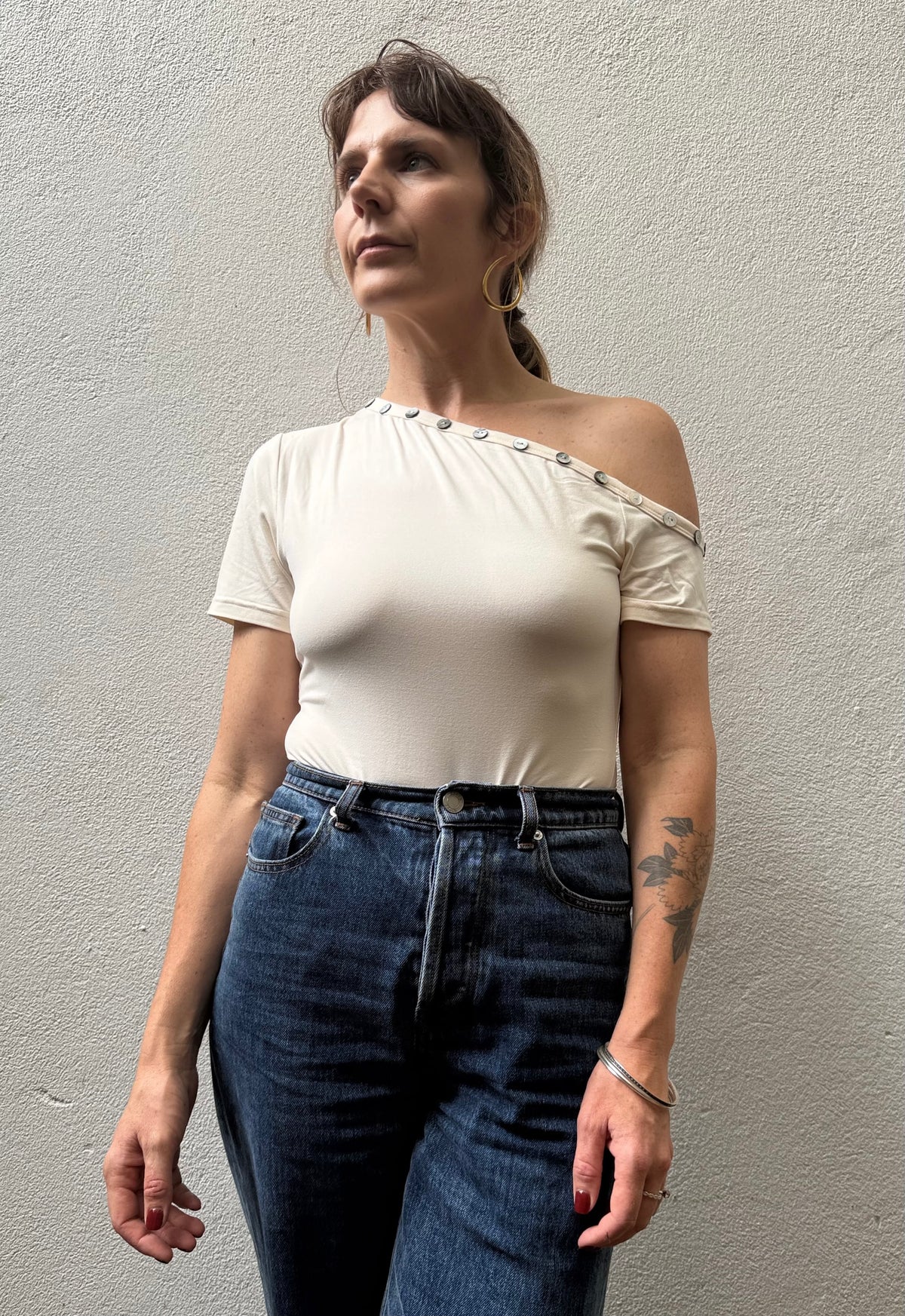 Off-Shoulder Button Top - Cream