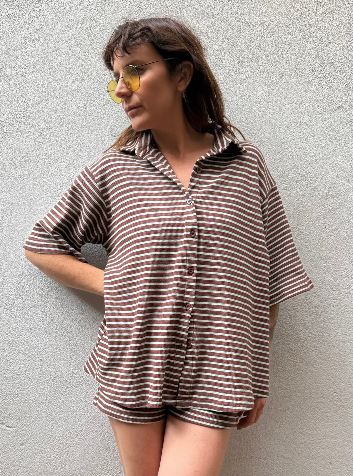 Stripe Rib Shirt – Chocolate & Turquoise – By Frankie