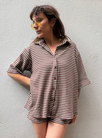 Stripe Rib Shirt – Chocolate & Turquoise – By Frankie