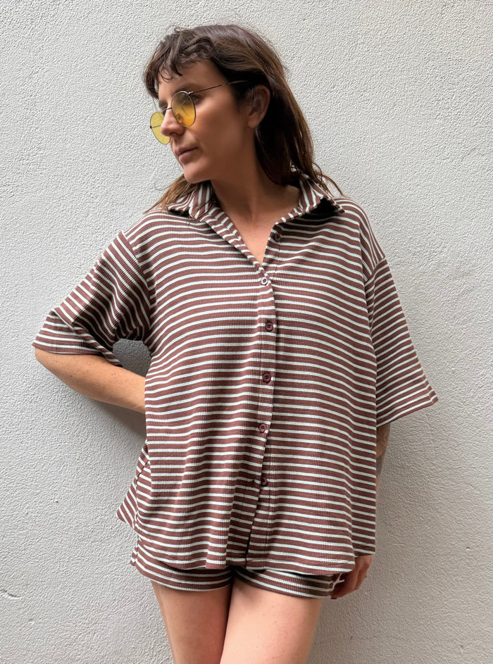 Stripe Rib Shirt – Chocolate & Turquoise – By Frankie